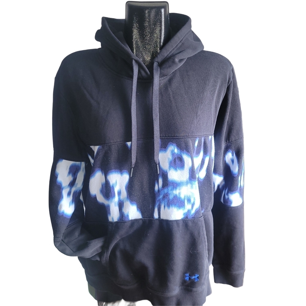Under Armour Black Hoodie with Blue and White Tie Dye Accents Size XL